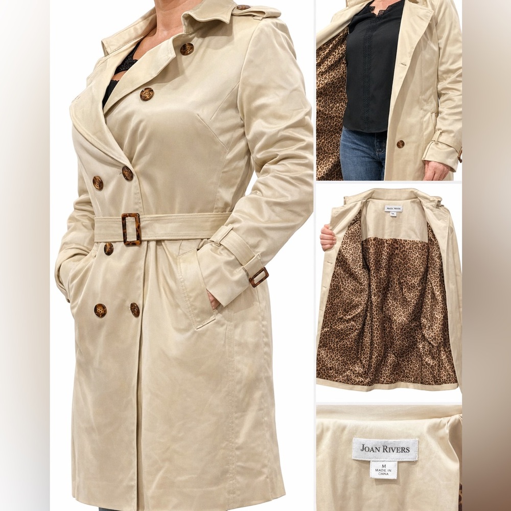 Joan Rivers Classics Collection Beige Trench Coat Leopard Lining Sz M